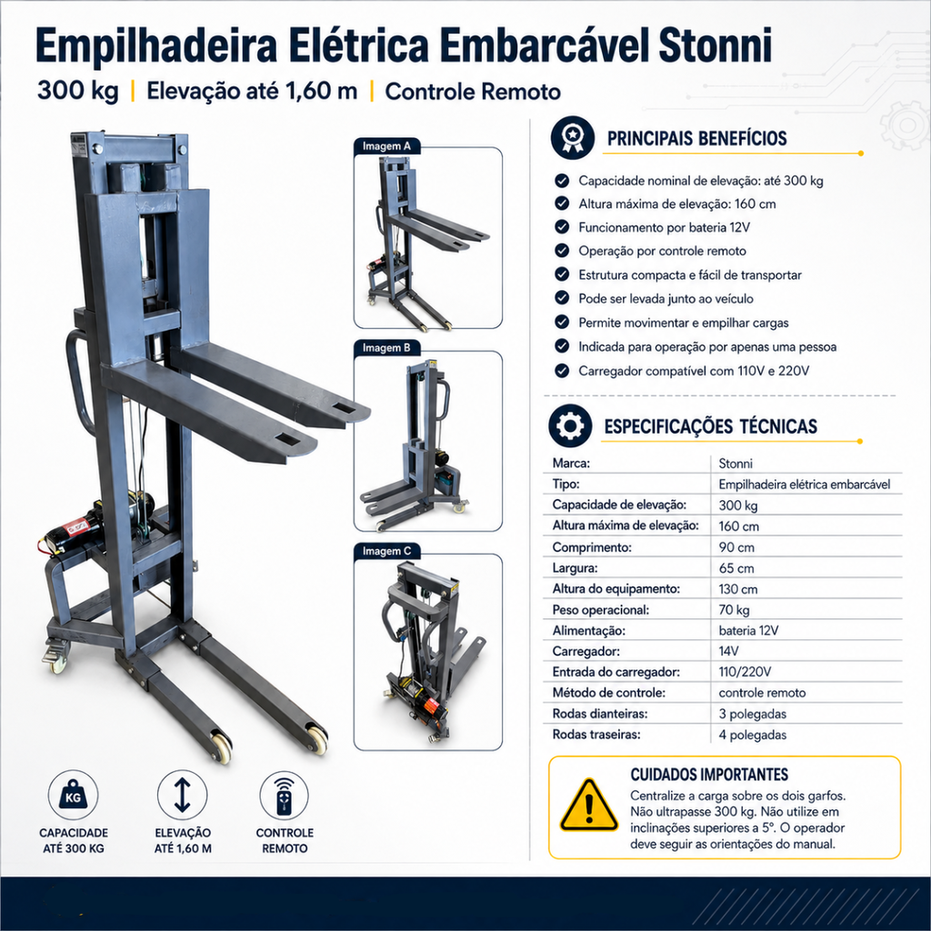Empilhadeira Elétrica Embarcável 300 kg Elevação 1,60 m